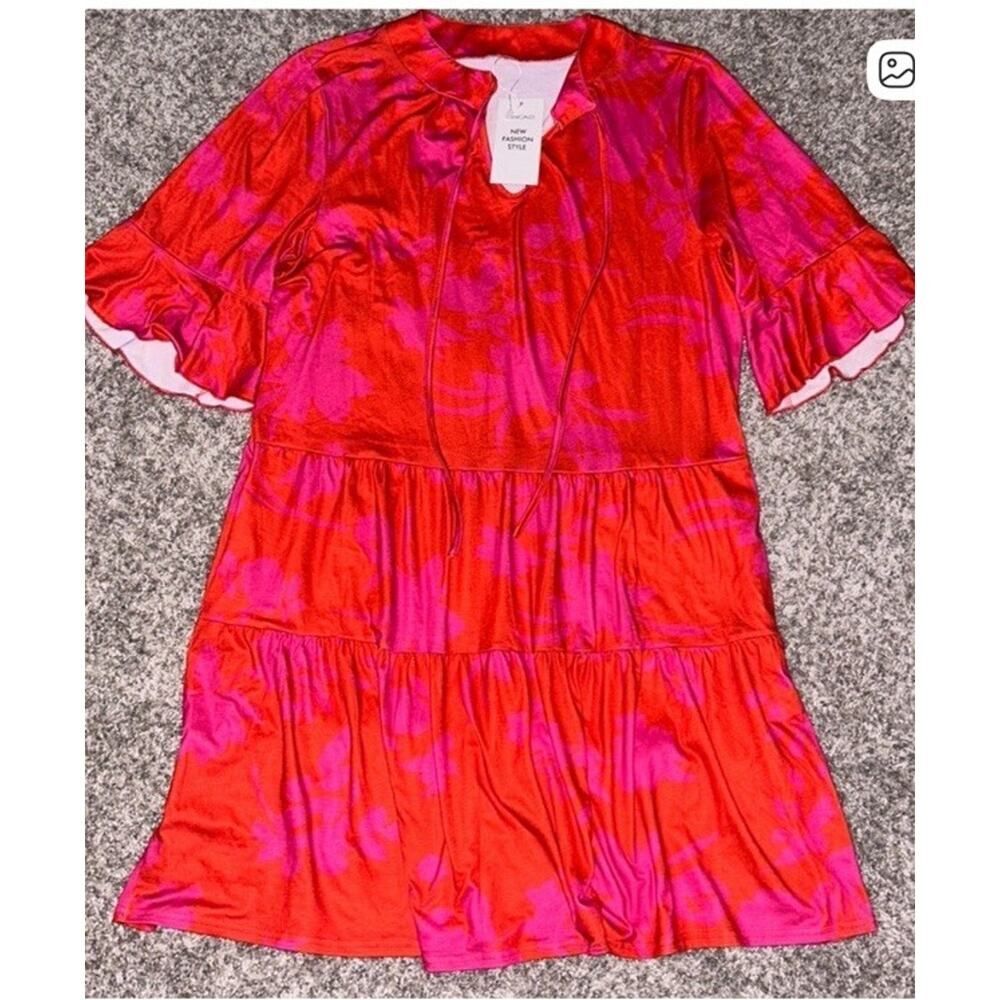 Qincao Babydoll Ruffle Dress Med V-Neck Short Sleeve Knee Length Dress New C5